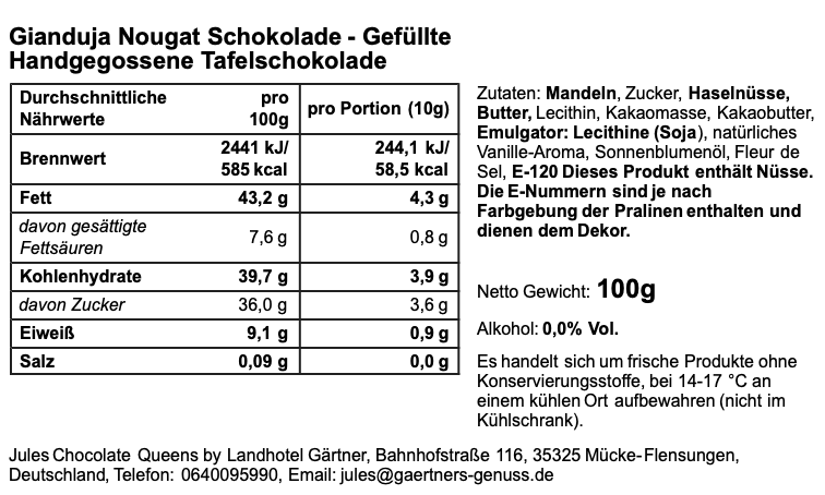 Gianduja Nougat - gefüllte handgeschöpfte Schokoladentafel 