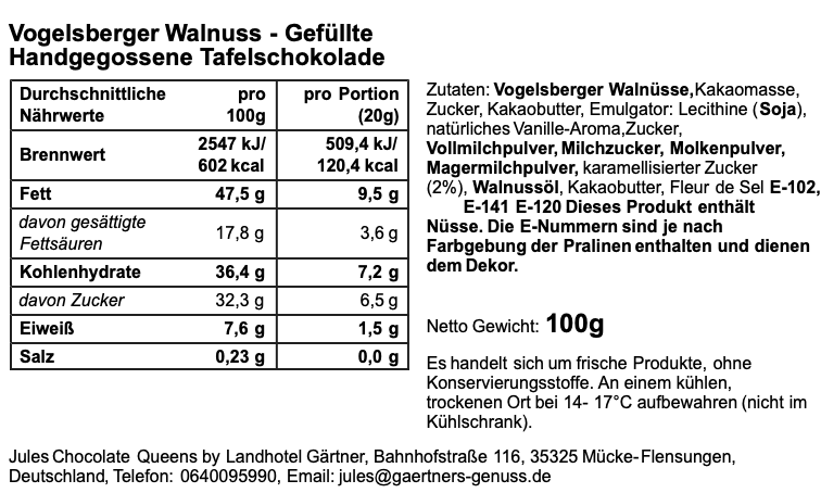 Walnussnougat - gefüllte handgeschöpfte Schokoladentafel 