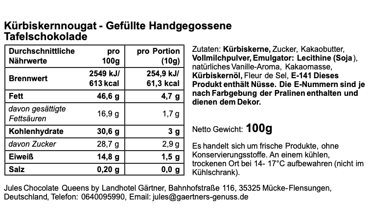 Kürbiskernnougat - gefüllte handgeschöpfte Schokoladentafel  